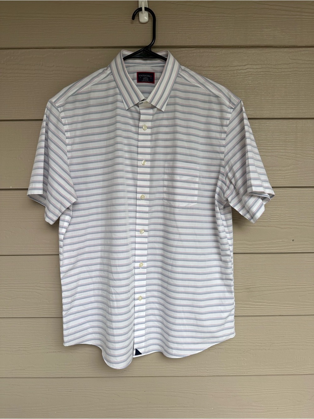UNTUCKit Mens Size Large White Shirt with Blue Stripes Button Down (C10)